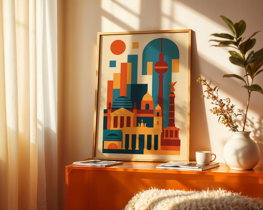 Abstraktes Berlin Poster gerahmt im Wohnzimmer