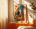 Abstraktes Berlin Poster gerahmt im Wohnzimmer