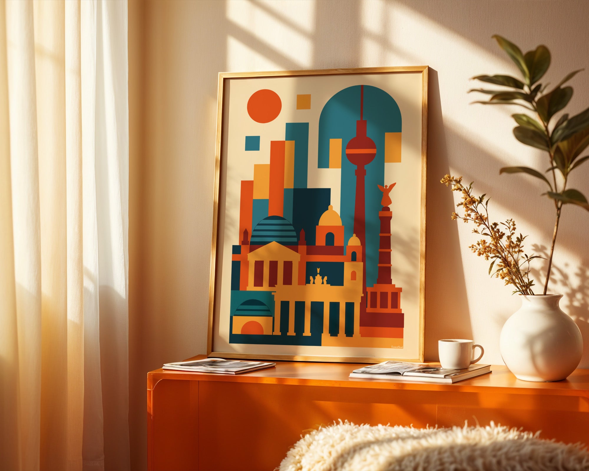 Abstraktes Berlin Poster gerahmt im Wohnzimmer