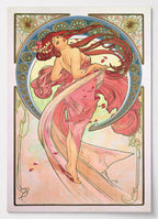 Alphonse Mucha Poster mit tanzender Frau in rosa Gewand im Jugendstil