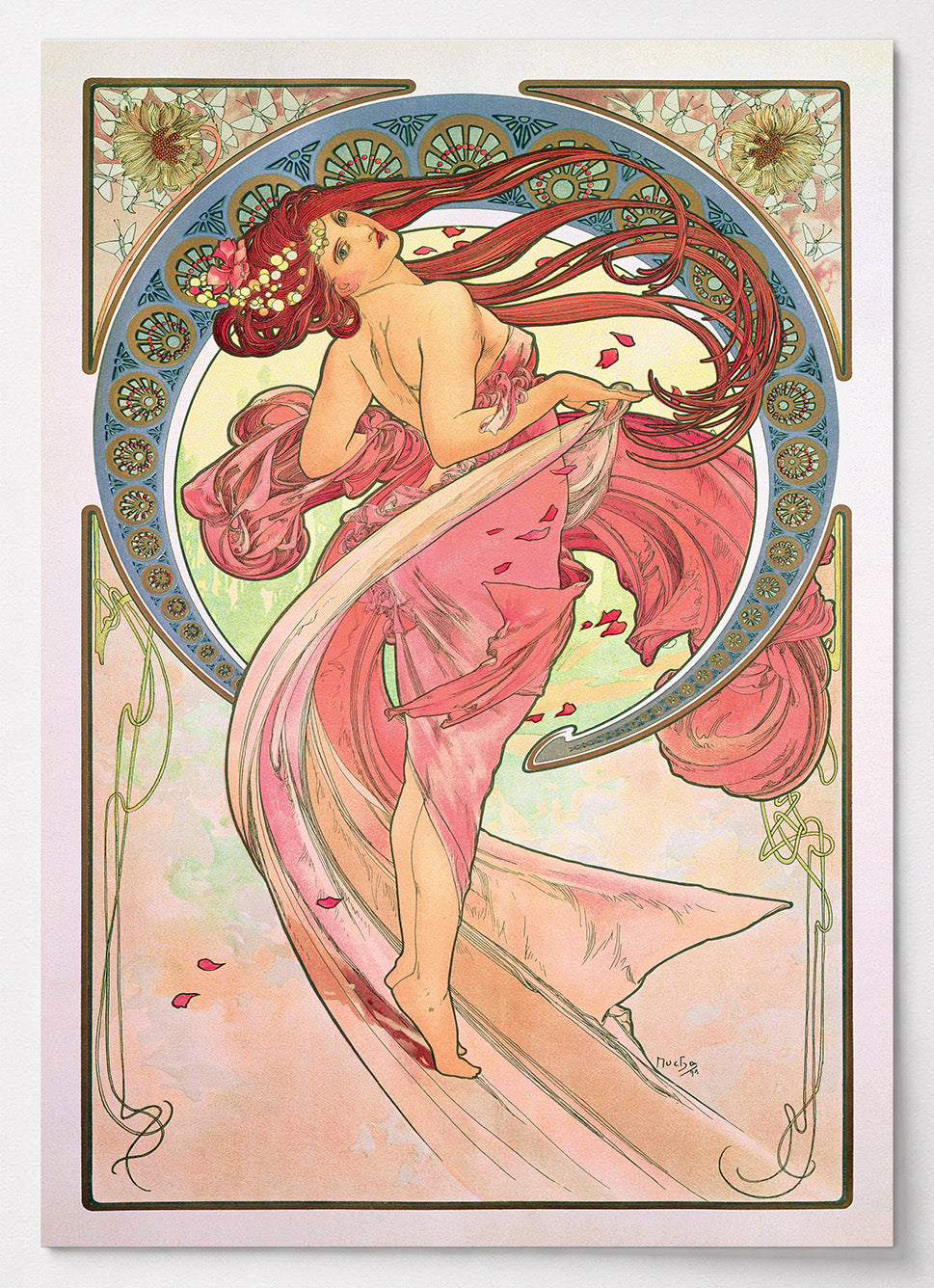 Alphonse Mucha Poster mit tanzender Frau in rosa Gewand im Jugendstil