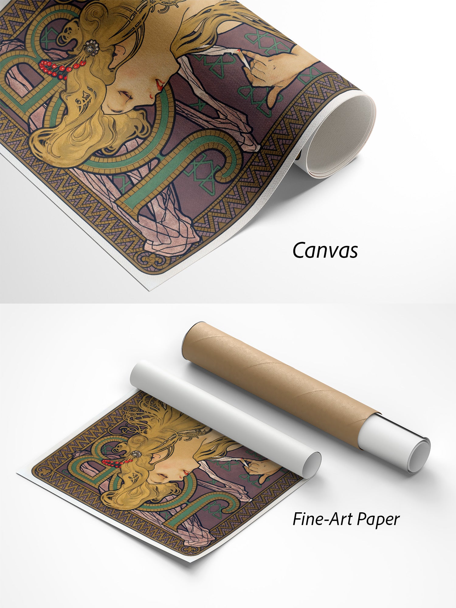 Alphonse Mucha JOB Kunstdruck auf Canvas und Fine-Art-Papier im Materialvergleich