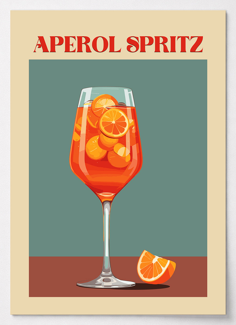 Cocktail Poster mit Aperol Spritz, Orangenscheibe und Eiswürfeln im Retro-Stil