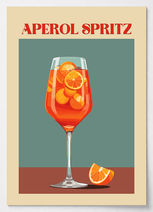 Cocktail Poster mit Aperol Spritz, Orangenscheibe und Eiswürfeln im Retro-Stil