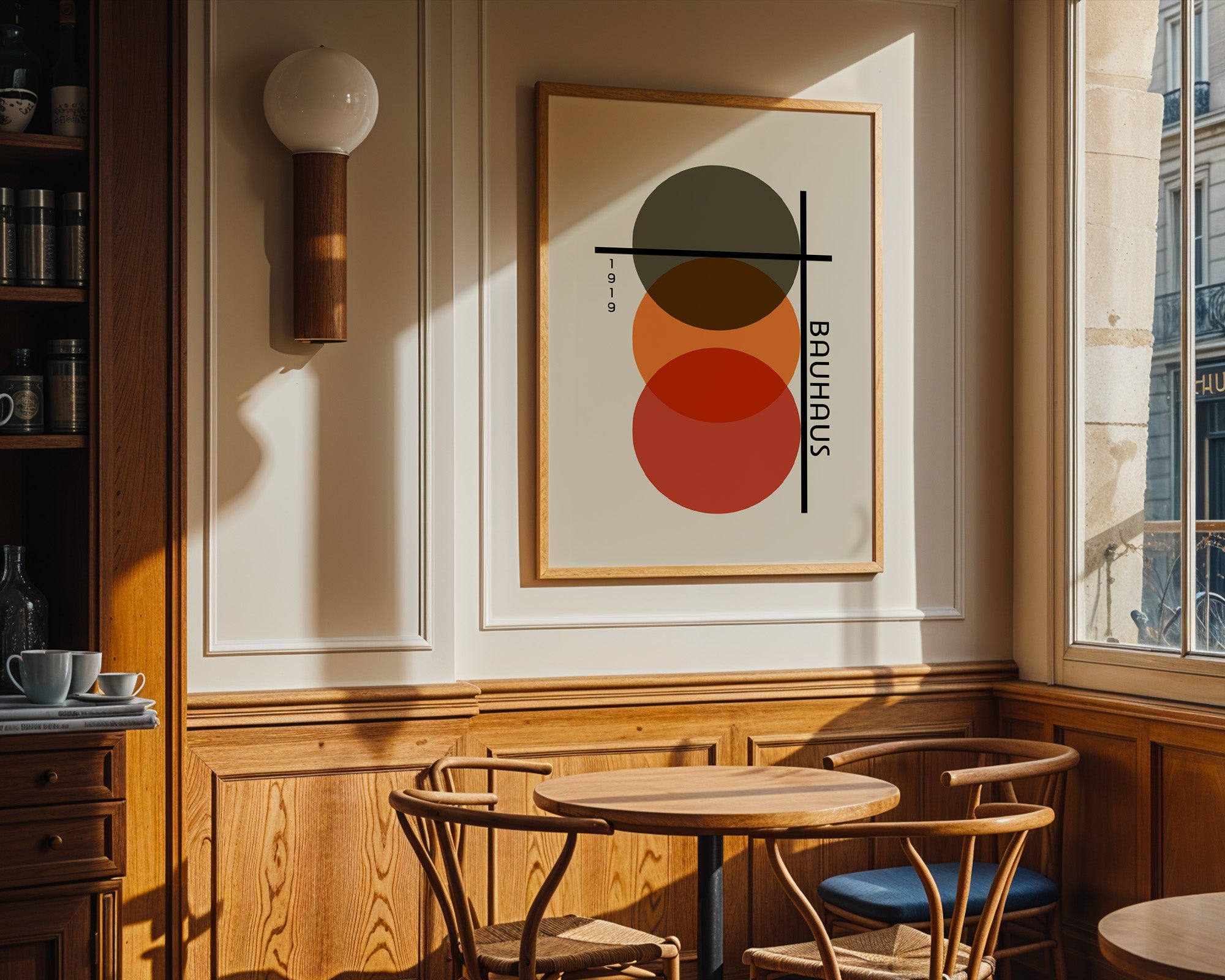 Bauhaus Poster mit Kreisen gerahmt im Wohnzimmer