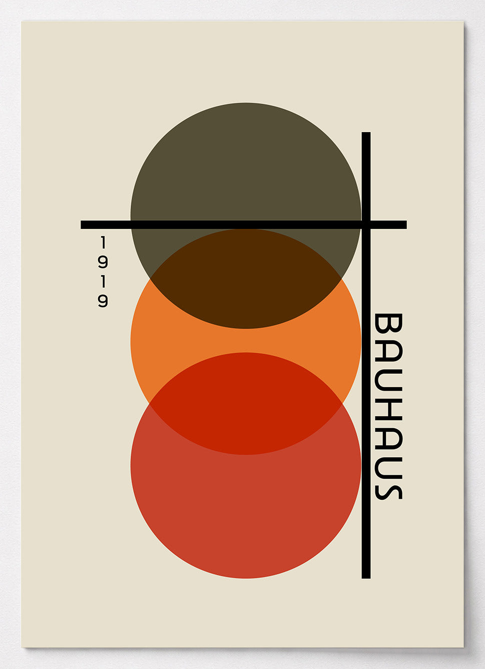 Bauhaus Poster mit drei überlappenden Kreisen in Olivgrün, Orange und Rot