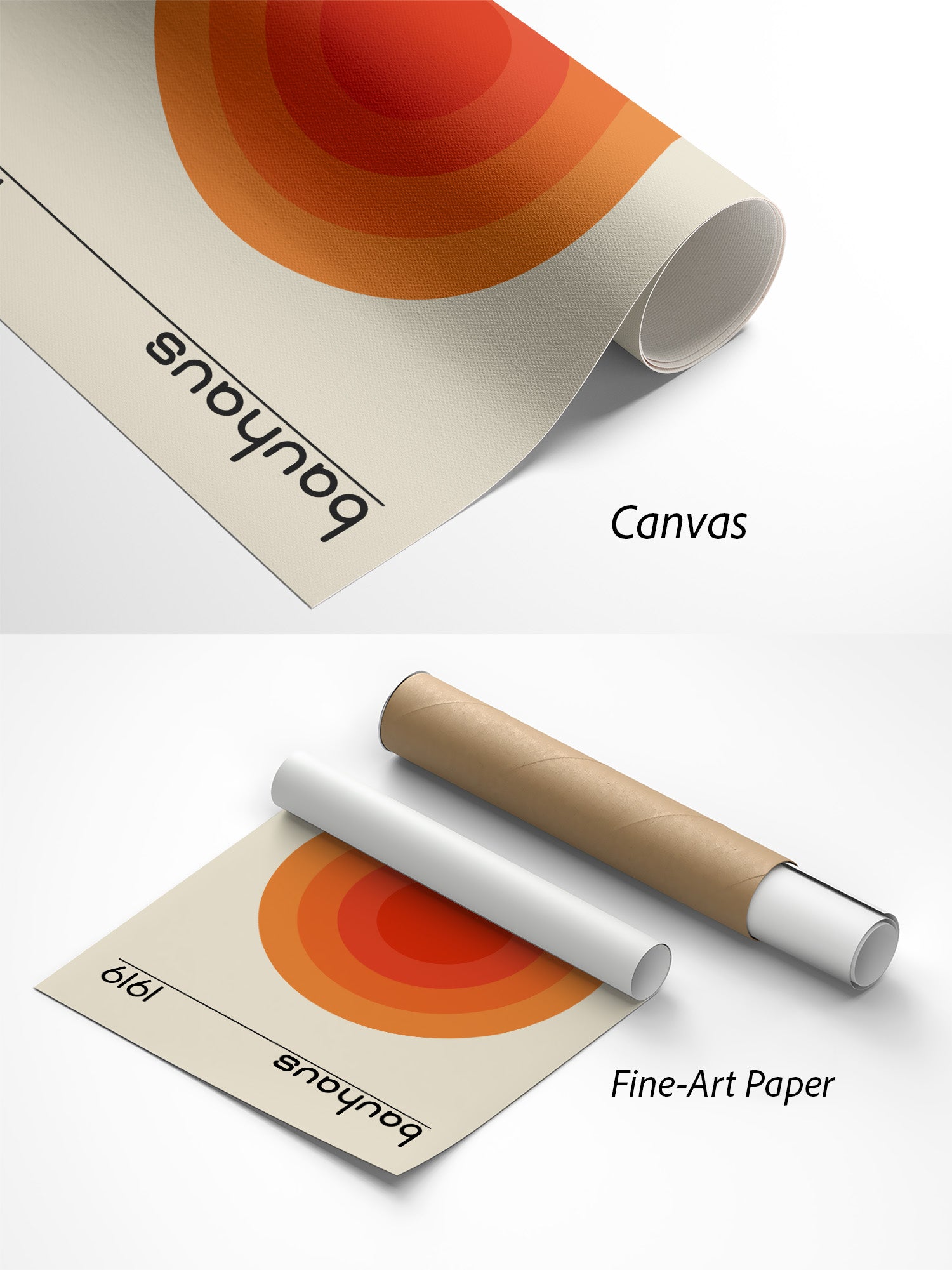 Bauhaus 1919 Farbenlehre Orange Poster auf Canvas und Fine-Art-Papier im Materialvergleich