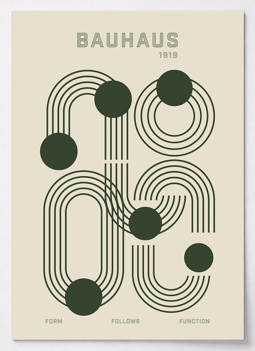 Bauhaus Poster mit konzentrischen Linien und grünen Kreisen