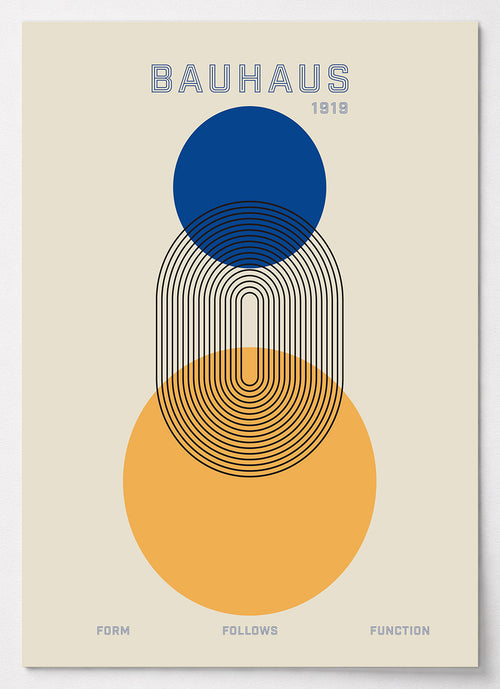 Bauhaus Poster mit drei Kreisen und blauem Kreis als Symbol