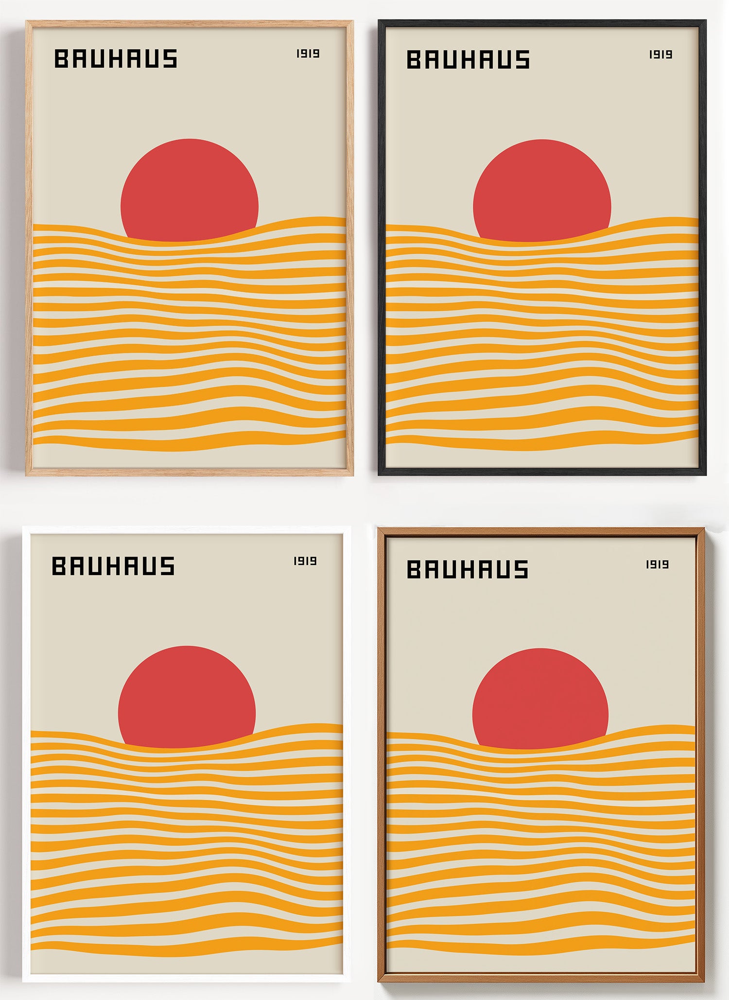 Bauhaus Poster mit roter Sonne als Wandbild auf Papier oder Leinwand