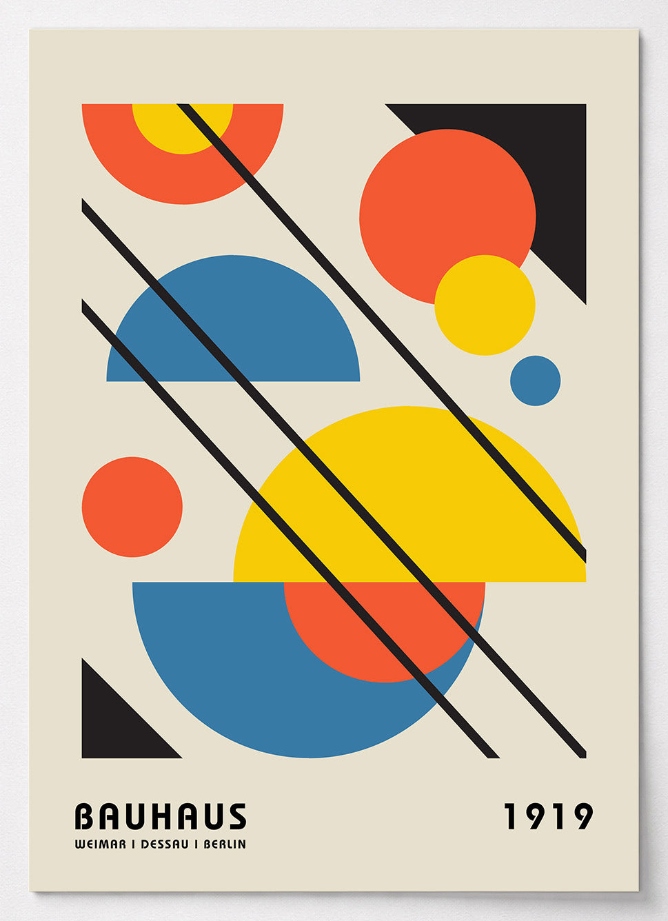 Bauhaus Poster mit Kreisen und Dreiecken in Gelb, Rot und Blau