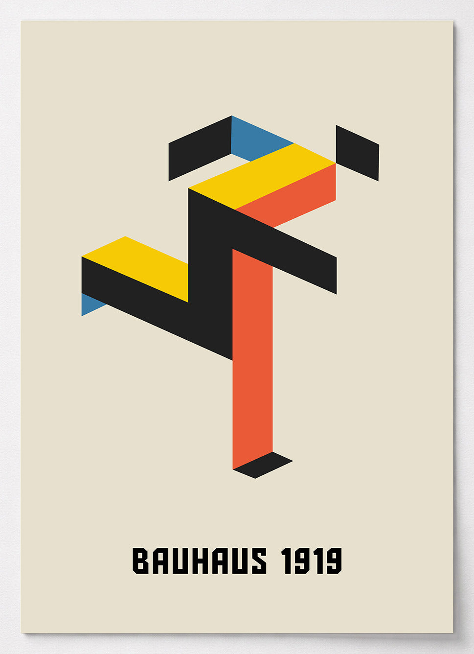 Bauhaus Poster mit isometrischer Figur in Schwarz, Gelb und Blau