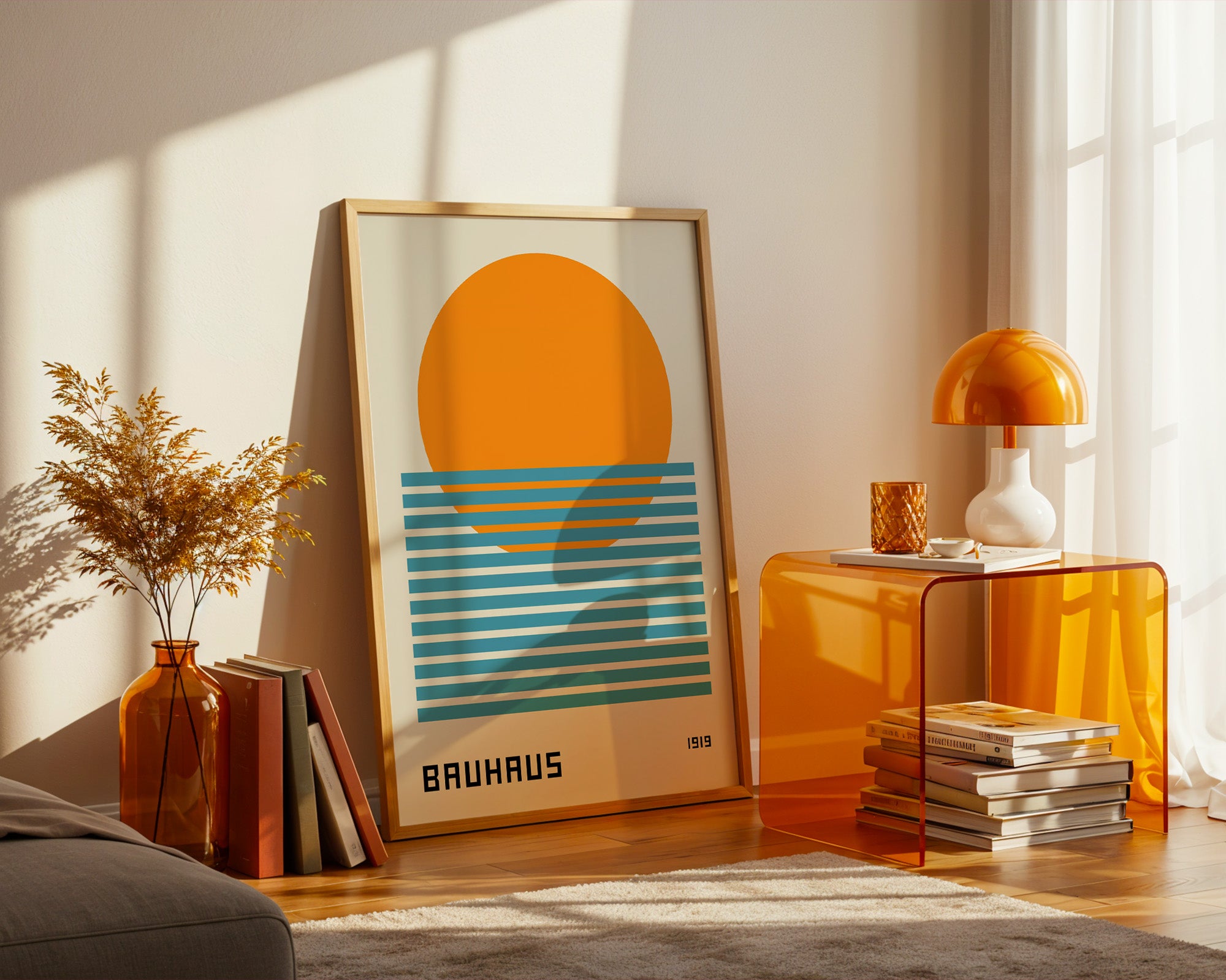 Bauhaus Poster gerahmt über dem Sofa im Wohnzimmer