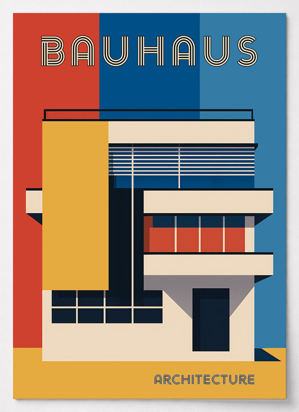 Bauhaus Poster mit stilisierter Architektur in Rot, Blau und Gelb