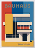 Bauhaus Poster mit stilisierter Architektur in Rot, Blau und Gelb