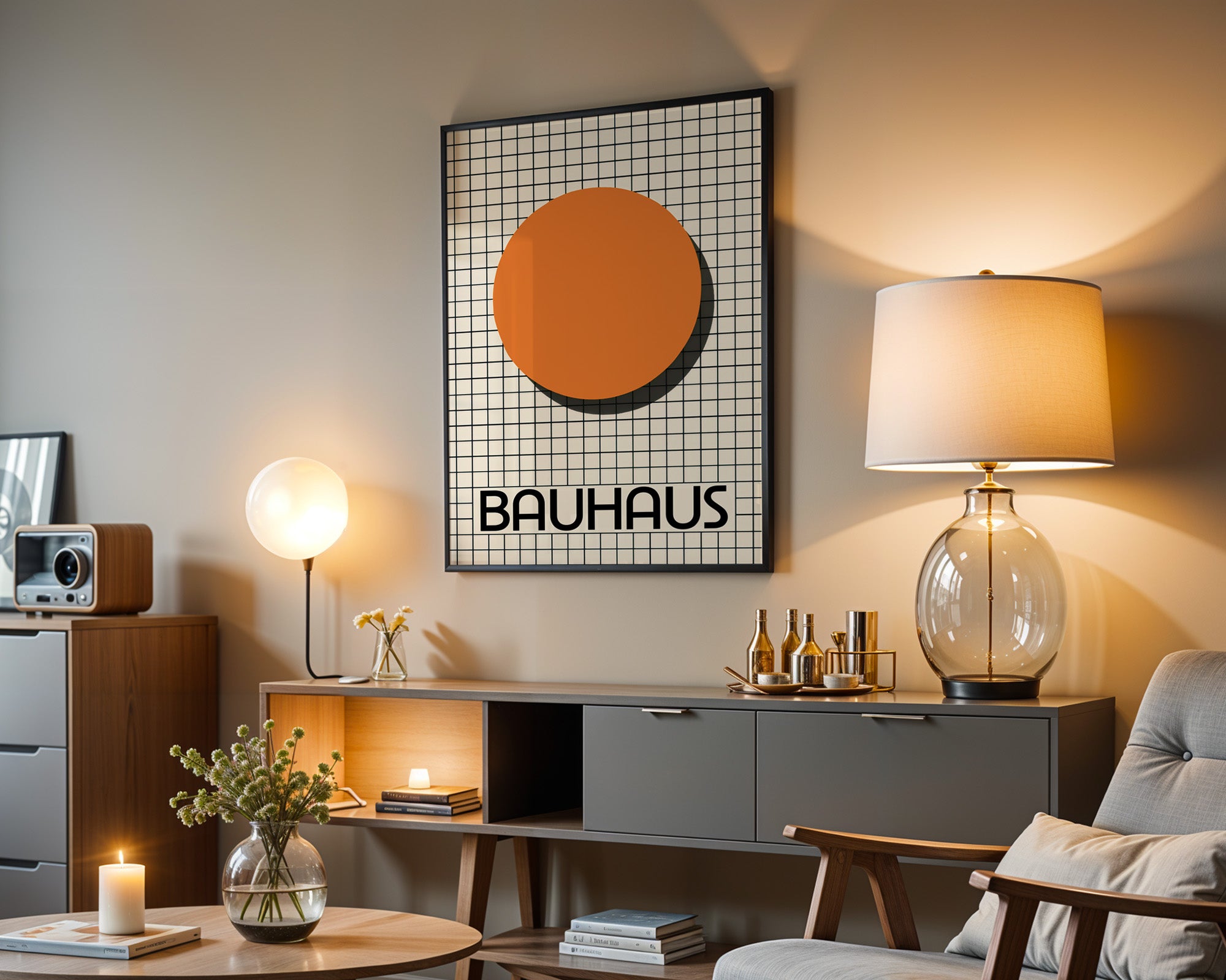 Geometrisches Bauhaus Poster gerahmt über dem Schreibtisch
