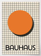Bauhaus Poster mit orangefarbenem Kreis auf schwarzem Raster