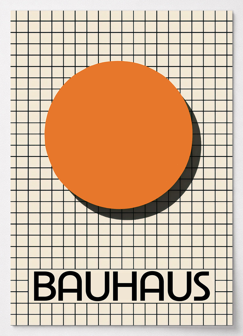 Bauhaus Poster mit orangefarbenem Kreis auf schwarzem Raster