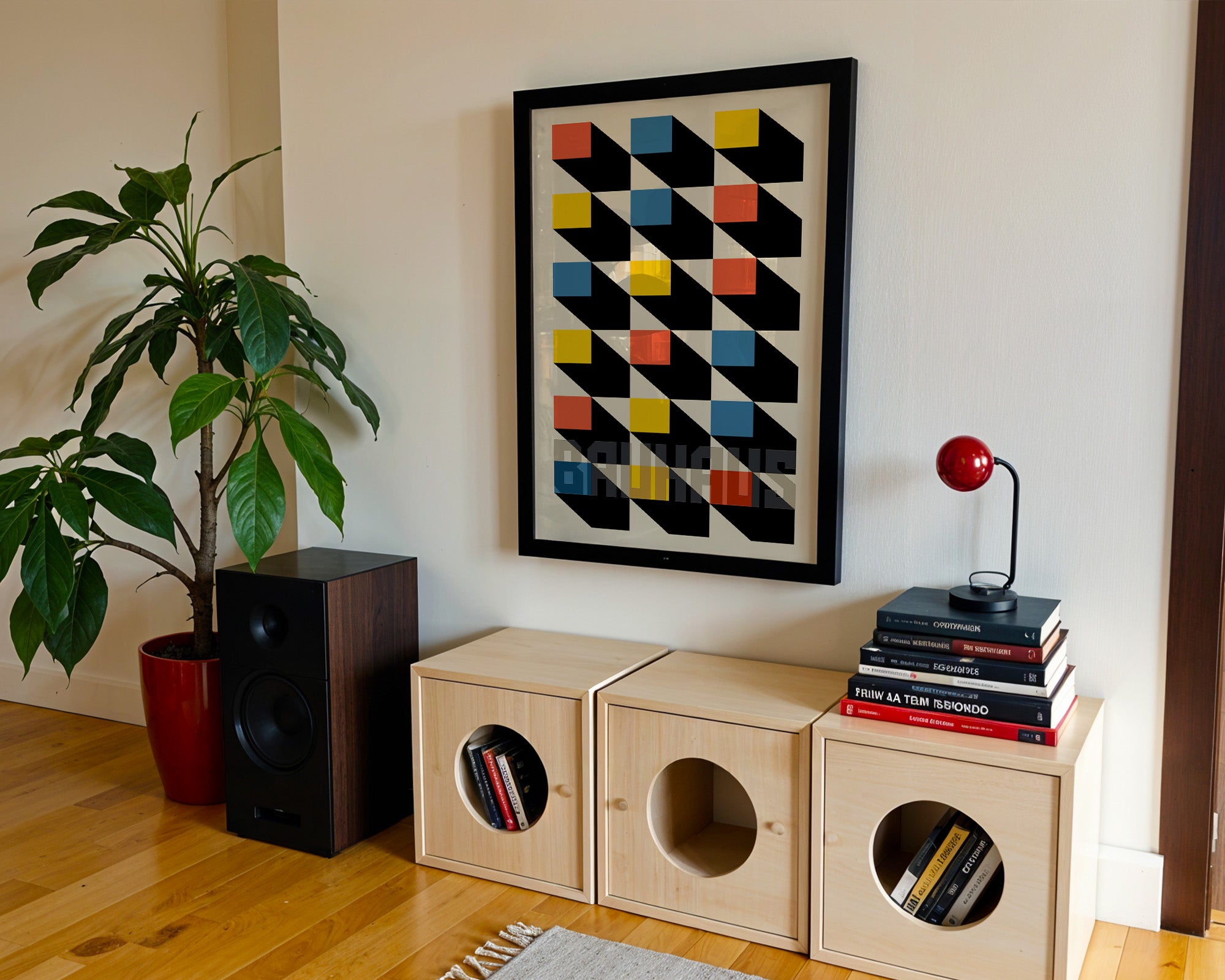 Bauhaus Rasterposter gerahmt über dem Schreibtisch