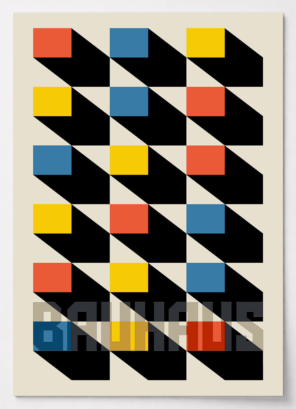 Bauhaus Poster mit farbigem Raster aus Quadraten in Gelb, Orange und Blau