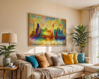 Berlin Skyline Poster in Regenbogenfarben gerahmt im Wohnzimmer