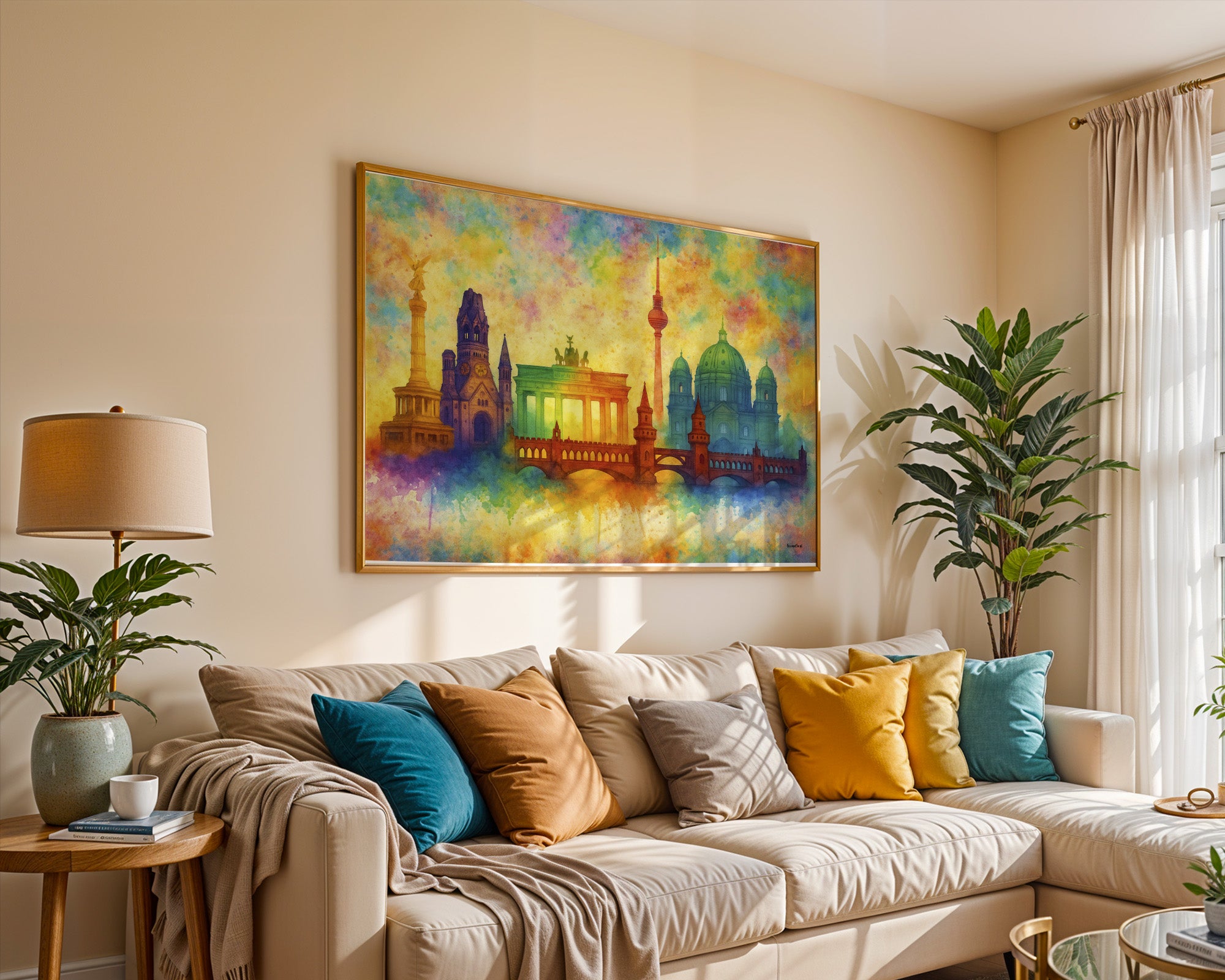 Berlin Skyline Poster in Regenbogenfarben gerahmt im Wohnzimmer