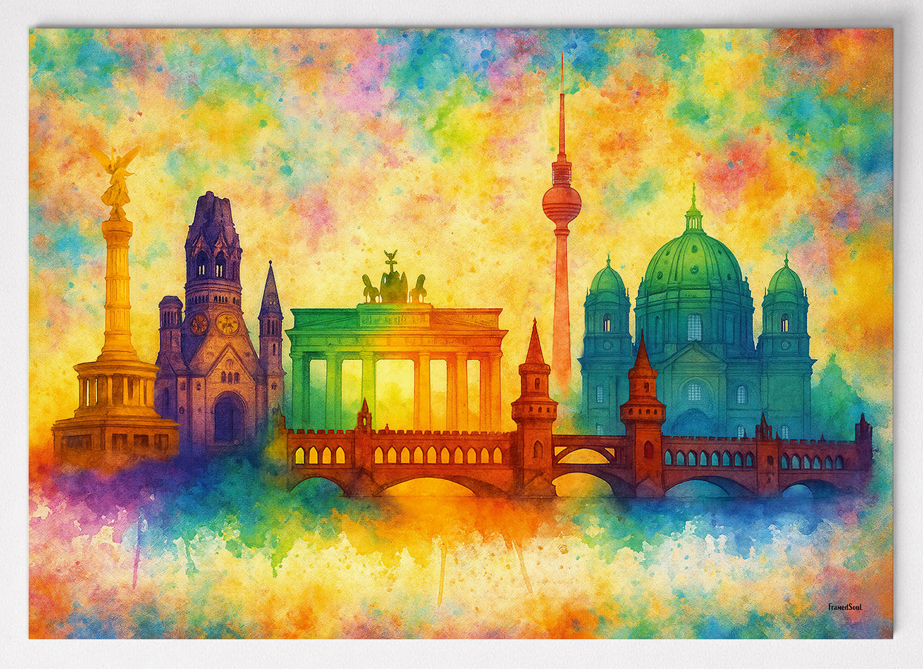 Berlin Skyline Poster im Aquarell mit Fernsehturm, Brandenburger Tor und Berliner Dom