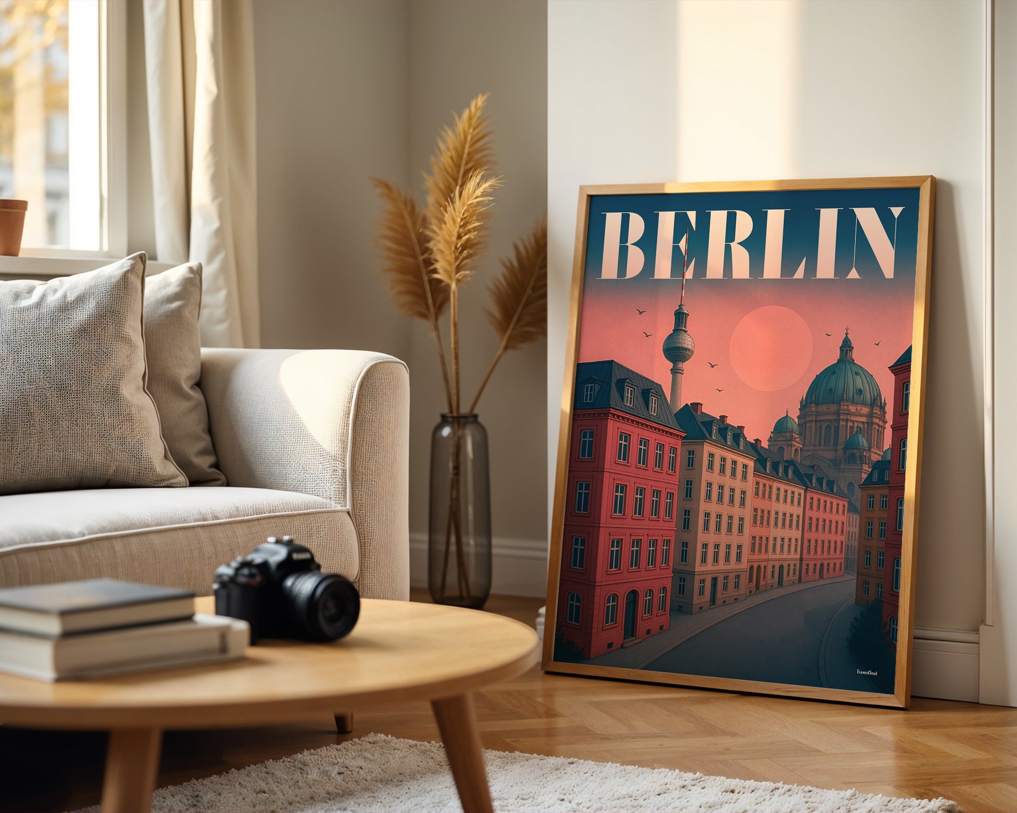 Berlin Skyline Poster im Sonnenuntergang gerahmt im Wohnzimmer