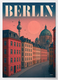 Berlin Poster mit Altbauten und Fernsehturm im Sonnenuntergang in Rot und Orange