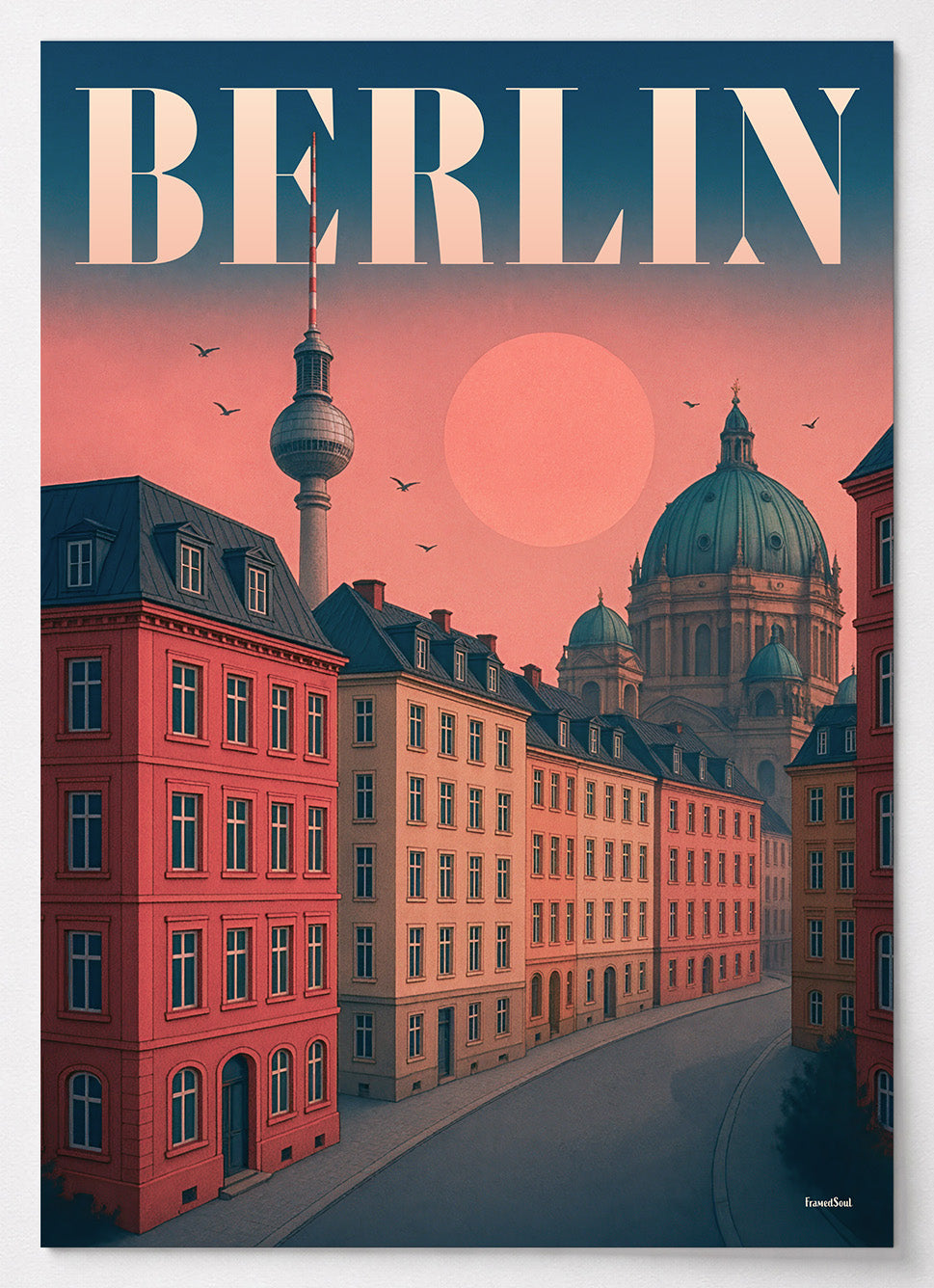 Berlin Poster mit Altbauten und Fernsehturm im Sonnenuntergang in Rot und Orange