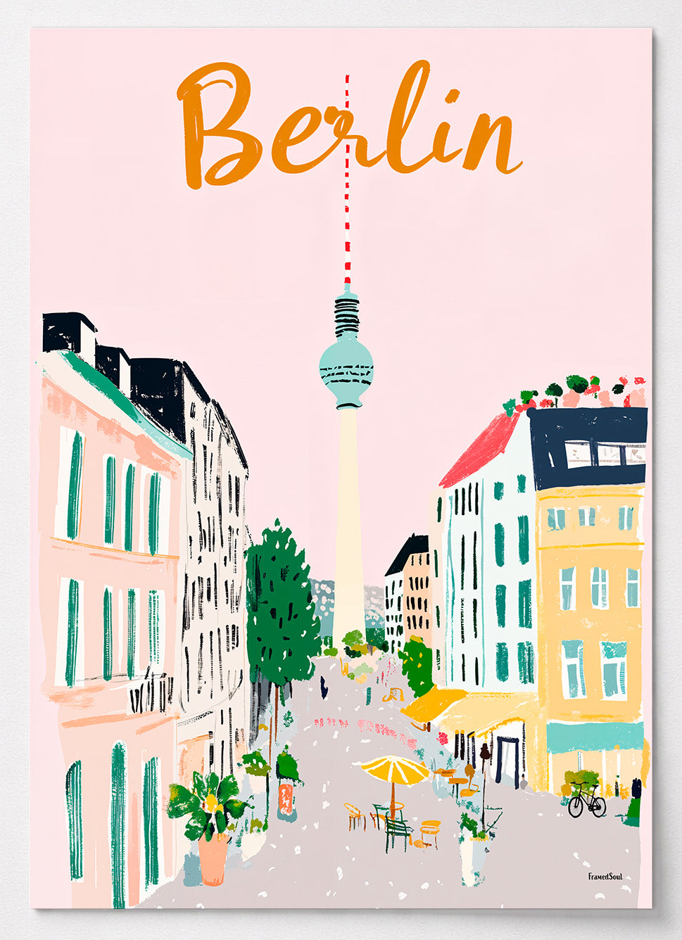 Farbenfrohes Berlin Poster mit Fernsehturm, Altbauten, Straßencafé und Fahrrad