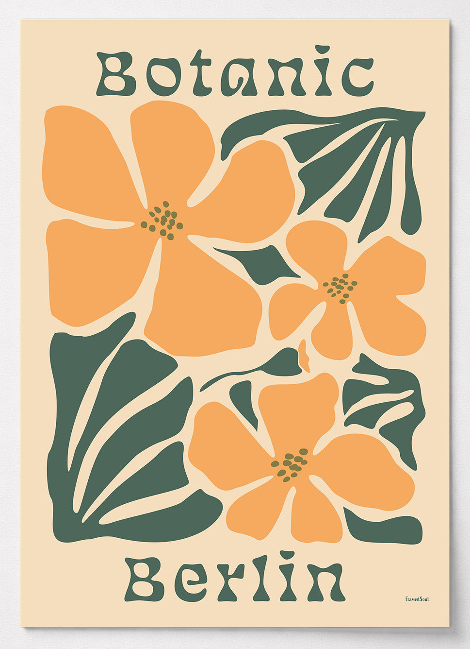 Botanisches Berlin Poster mit orangefarbenen Blüten im 70er-Jahre Retro-Stil