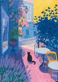 Katzen Poster mit schwarzer Katze im mediterranen Innenhof