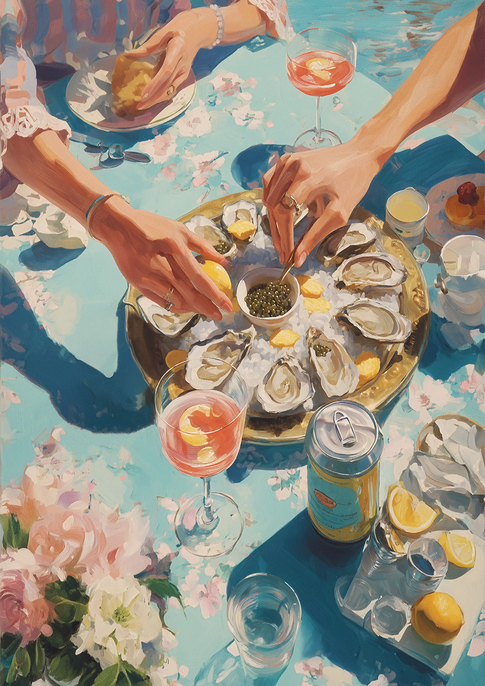 Küchen Poster mit Austern und Kaviar auf einer gedeckten Tafel am Meer