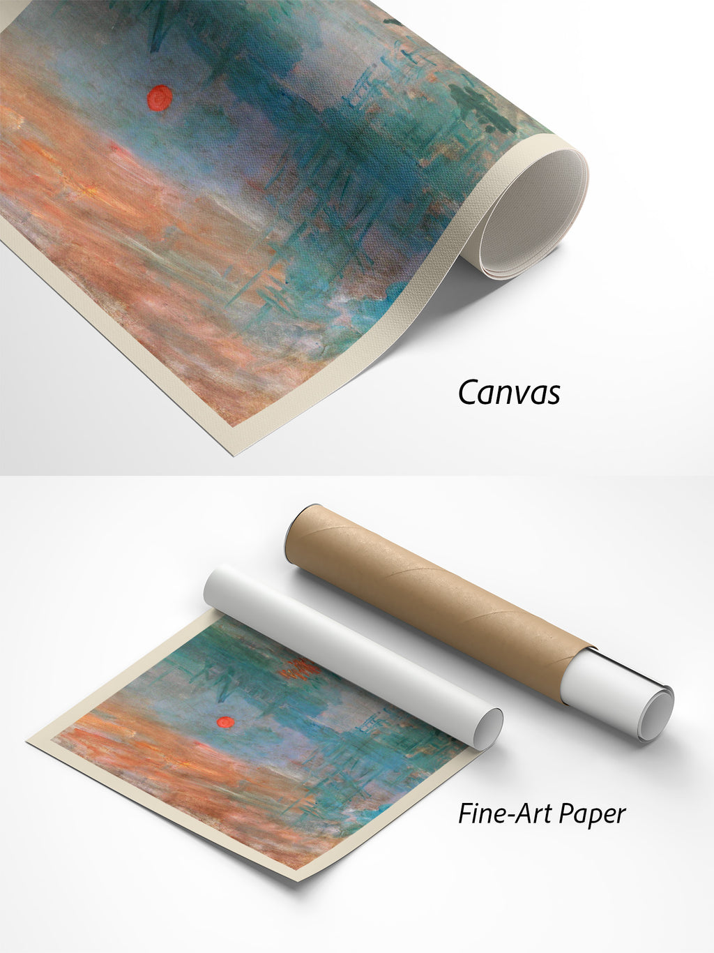 Claude Monet Impression, Sonnenaufgang Kunstdruck auf Canvas und Fine-Art-Papier im Materialvergleich