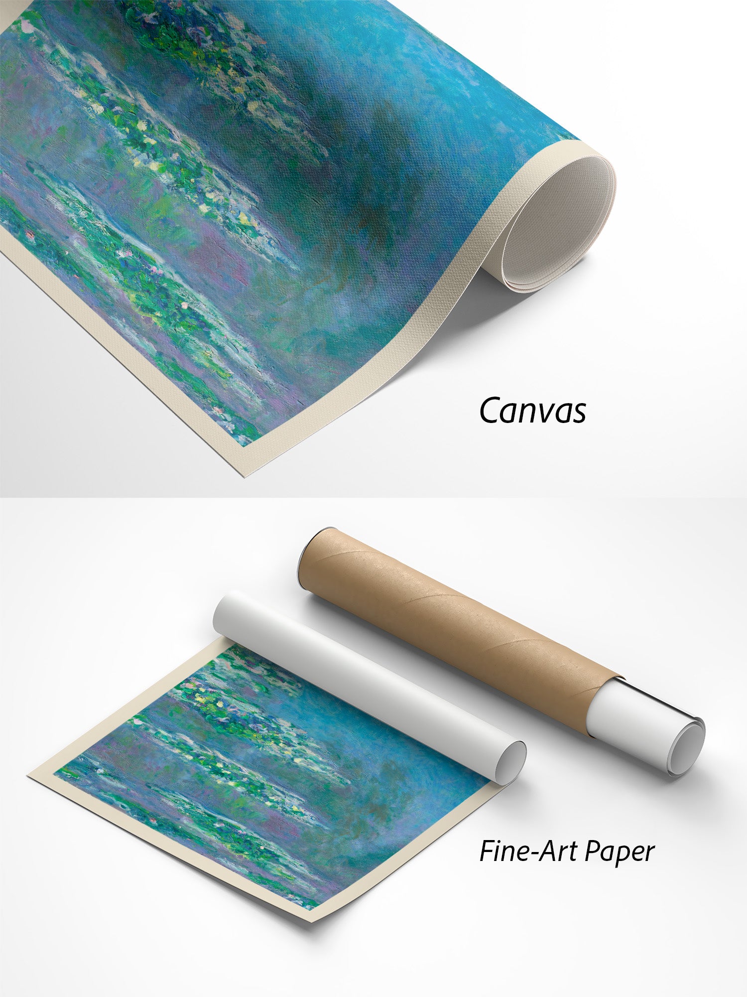 Claude Monet Seerosen Kunstdruck auf Canvas und Fine-Art-Papier im Materialvergleich