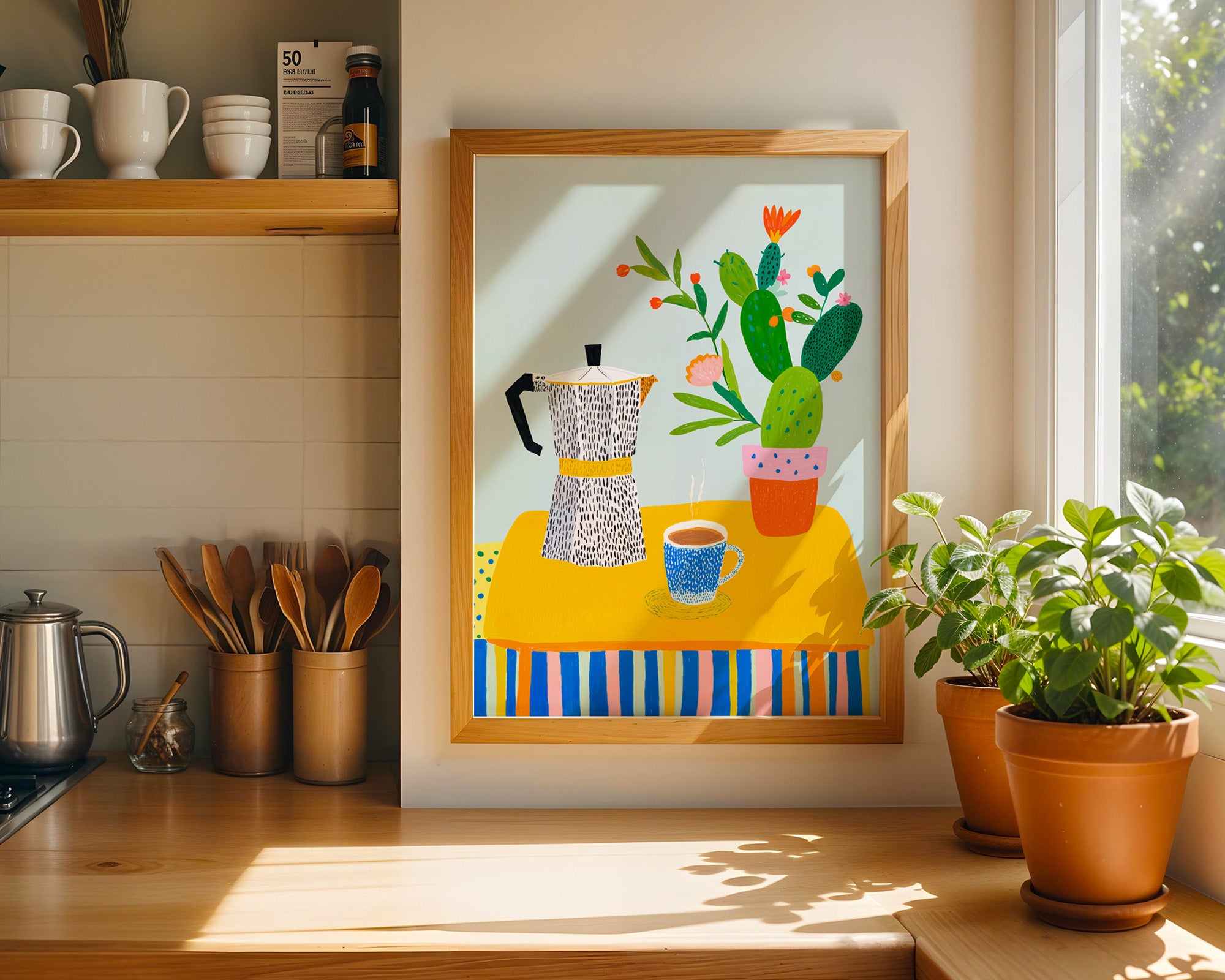 Kaffee Poster gerahmt in der Küche über der Arbeitsplatte