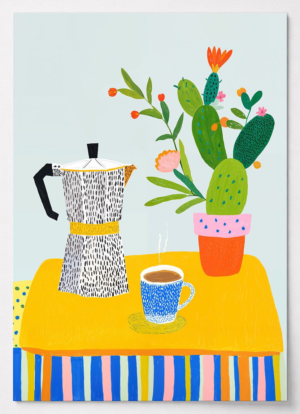 Kaffee Poster mit gemusterter Espressokanne und Kaktus in bunten Farben