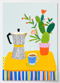 Kaffee Poster mit gemusterter Espressokanne und Kaktus in bunten Farben