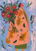 Rosen Poster mit Frau und rotem Rosenstrauß als Illustration