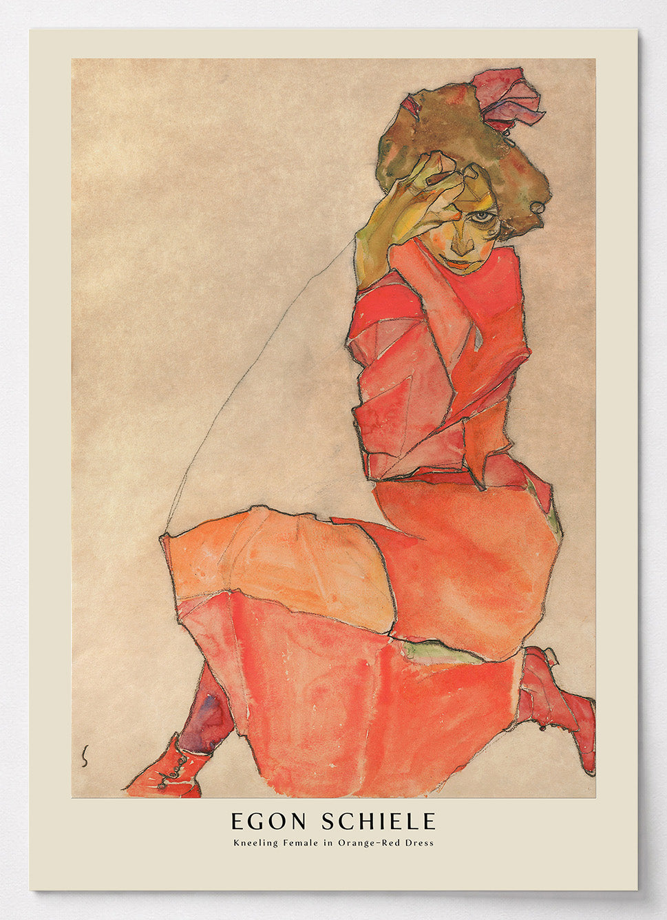 Egon Schiele Poster mit knieender Frauenfigur in orangerotem Kleid