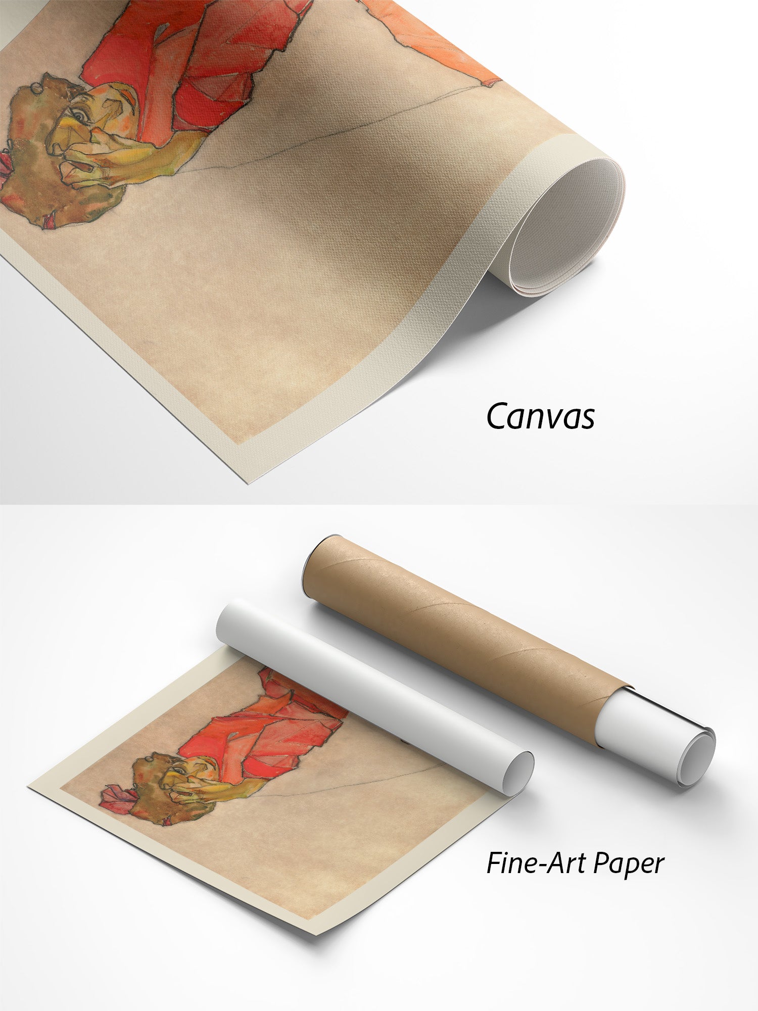 Egon Schiele Kniende Frau im orangeroten Kleid Kunstdruck auf Canvas und Fine-Art-Papier im Materialvergleich