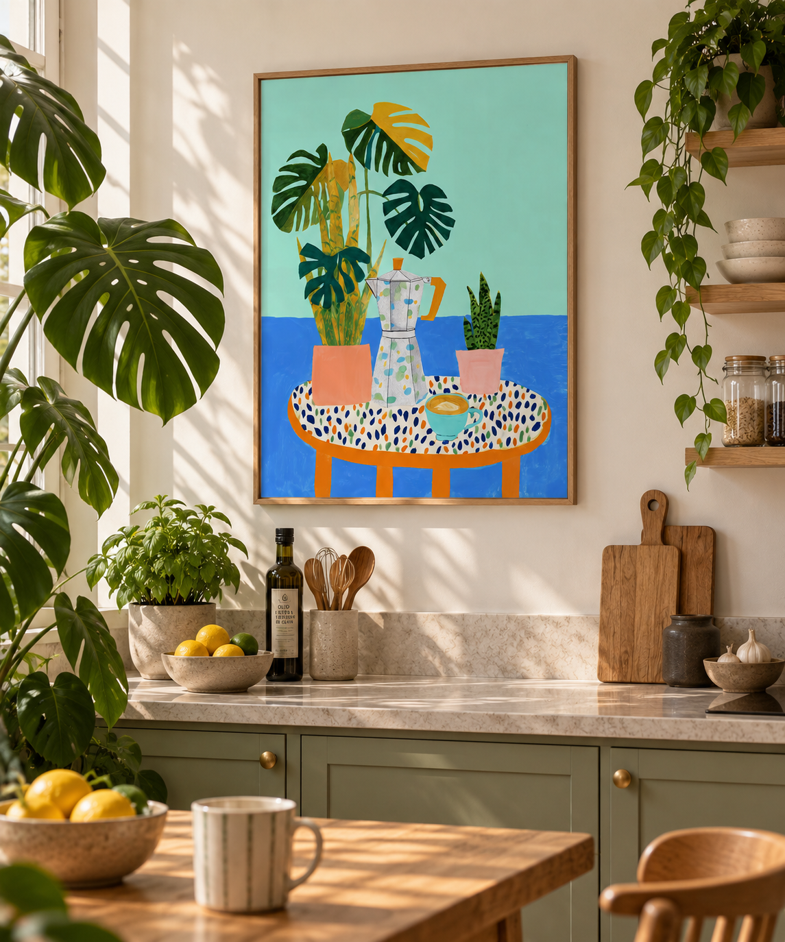 Espresso Oase Kaffee Poster mit Monstera in einer hellen modernen Küche