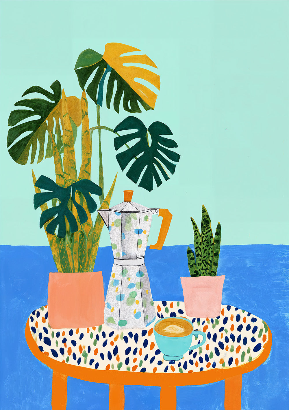 Kaffee Poster mit Moka-Kanne und Monstera-Blättern in kräftigen Farben