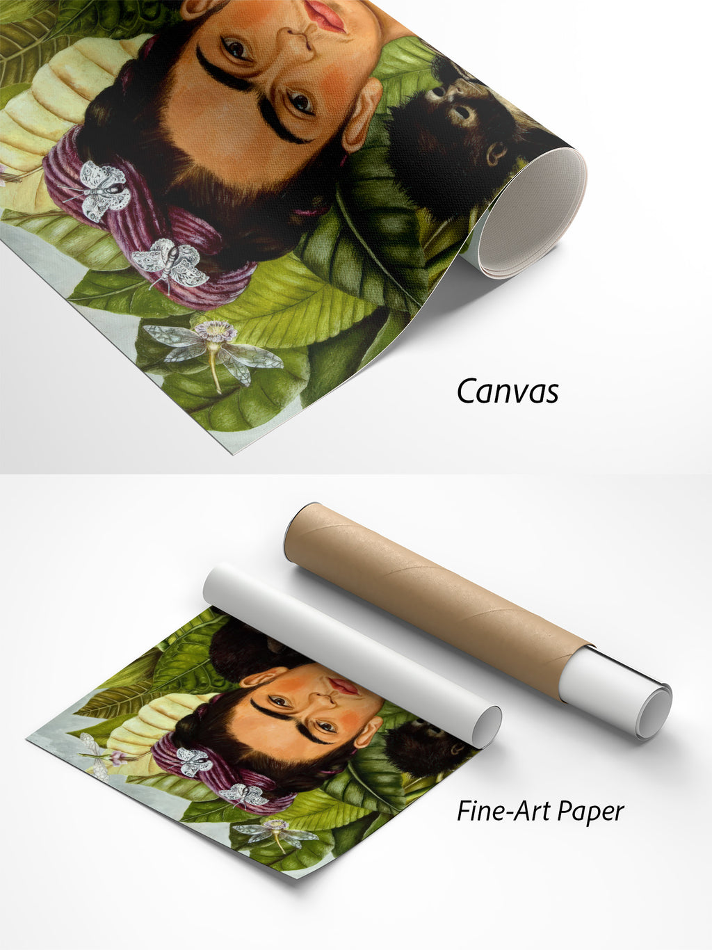 Frida Kahlo Selbstporträt mit Dornenhalsband und Kolibri Kunstdruck auf Canvas und Fine-Art-Papier im Materialvergleich