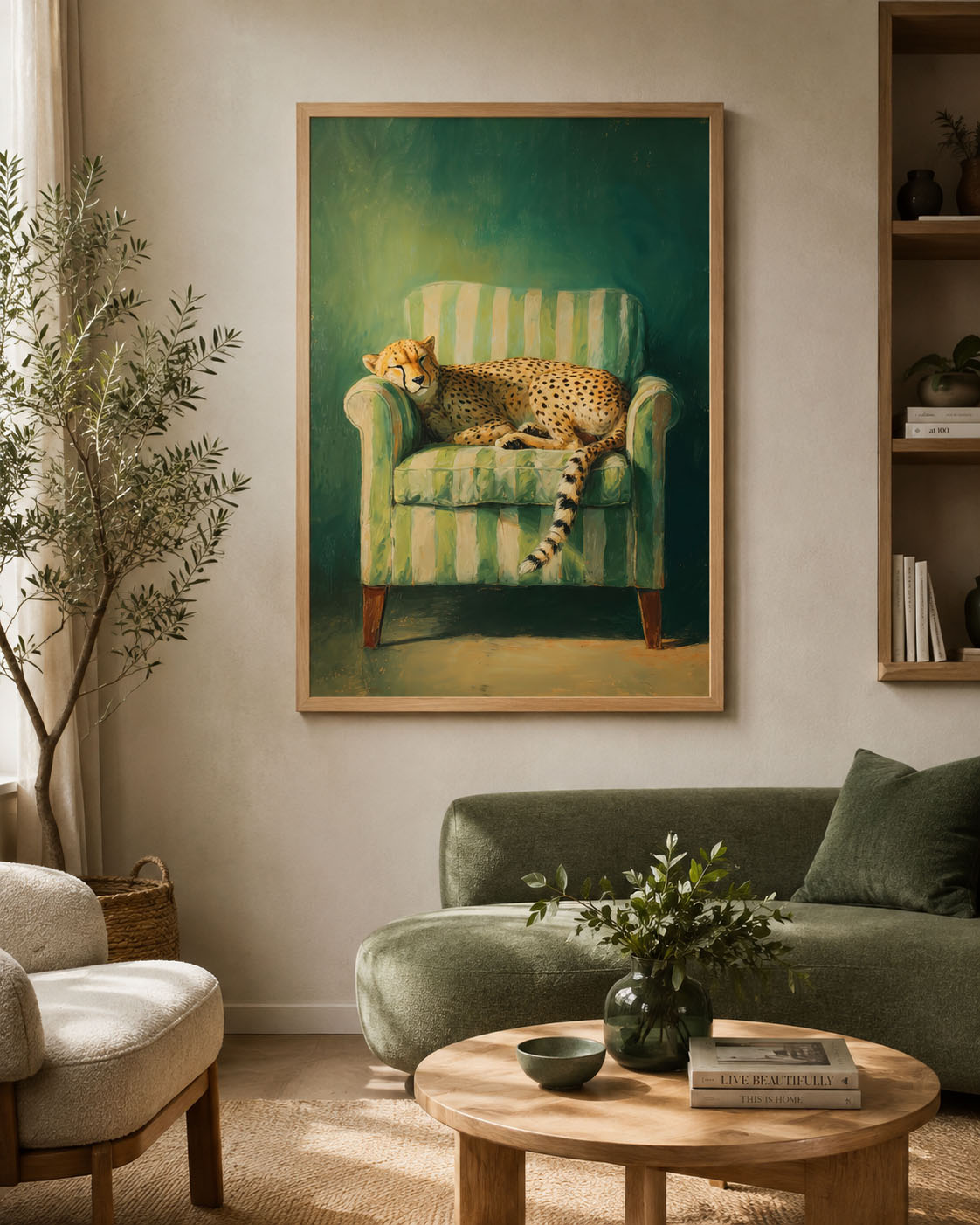 Gepard Poster – Schlafend im grünen Sessel im Eiche-Rahmen über grünem Sofa in einem stilvollen Wohnzimmer mit natürlichen Holztönen und Pflanzen.