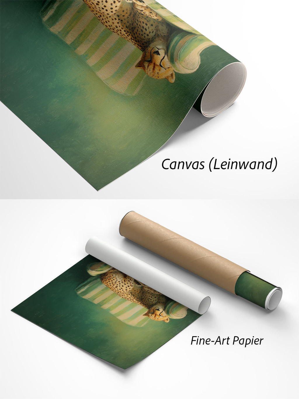 Gepard Poster – Schlafend im grünen Sessel im Materialvergleich: strukturierte Leinwand und mattes Fine-Art-Papier mit Versandrohr.