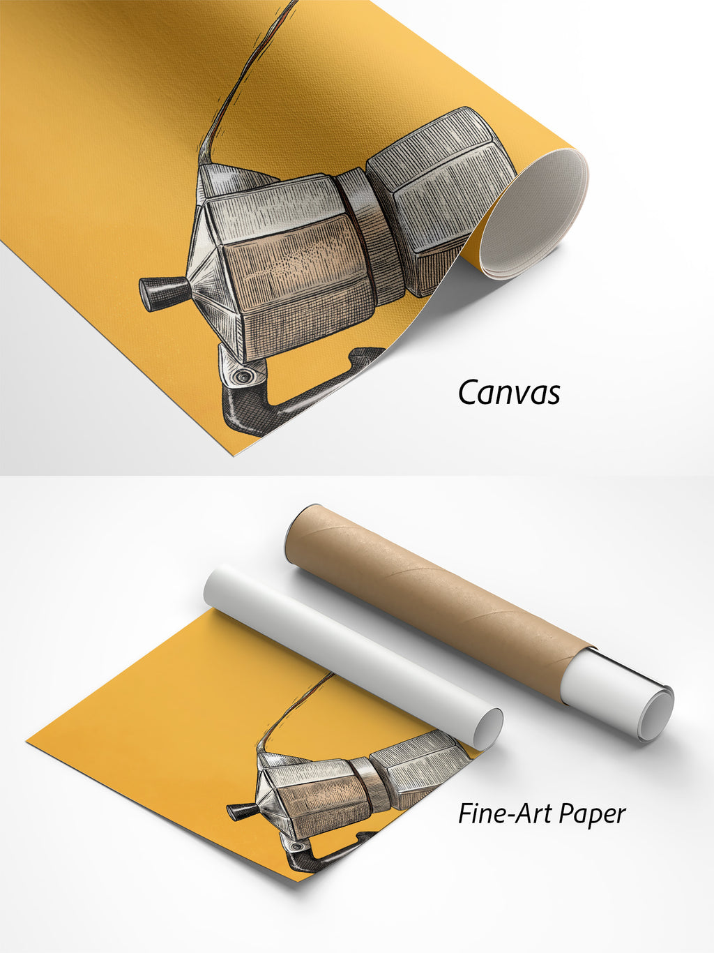 Goldener Espresso Espressokanne Poster auf Canvas und Fine-Art-Papier im Materialvergleich