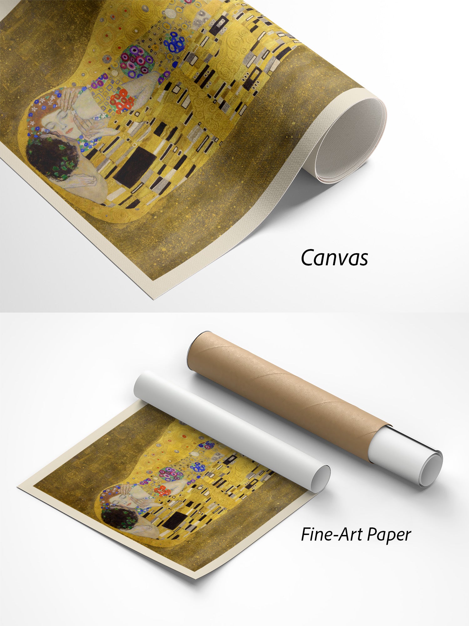 Gustav Klimt Der Kuss Kunstdruck auf Canvas und Fine-Art-Papier im Materialvergleich