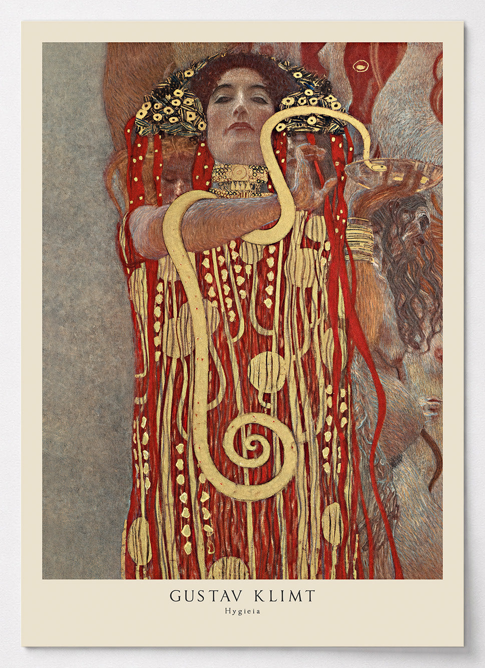 Gustav Klimt Poster Hygieia mit Göttin in rotem Gewand und Goldornamenten